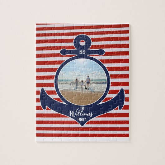 Personalisierter Name & Jahr Rot-Weiß- und Blauer  Puzzle (Vertikal)