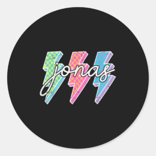 Personalisierter Name Jonas Lightning Bolt Checker Runder Aufkleber