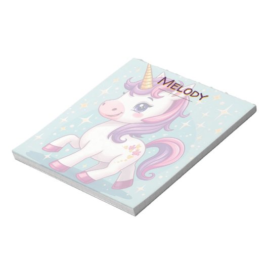 Personalisierter Name Kawaii Sparkle Unicorn Notizblock (Rotiert)