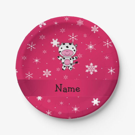 Personalisierter Name Kuh rosa Schneeflocken Pappteller (Vorderseite)