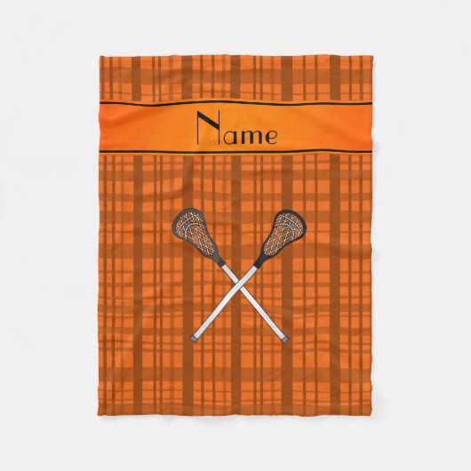 Personalisierter Name Lacrosse orange kariert Fleecedecke (Vorderseite)