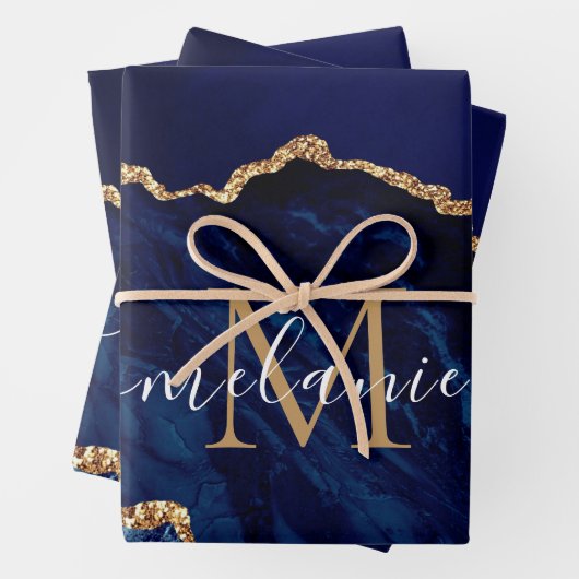 Personalisierter Name Letter Navy Blue Gold Marmor Geschenkpapier Set (Beispiel)