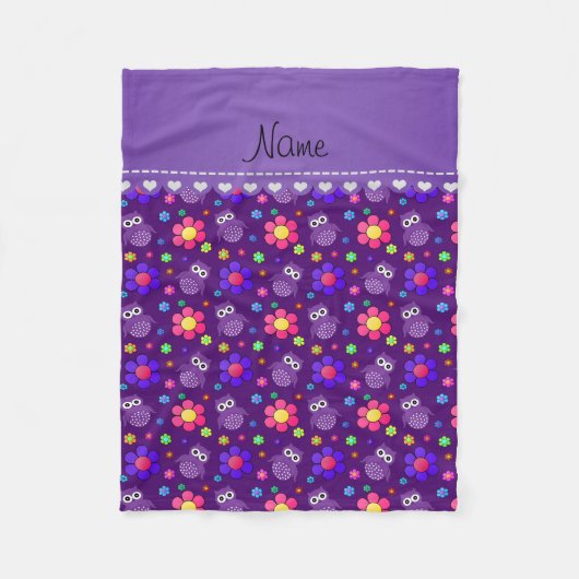 Personalisierter Name lila Eule Blume Muster Fleecedecke (Vorderseite)