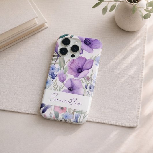 Personalisierter Name Lila Floral Elegant iPhone Hülle
