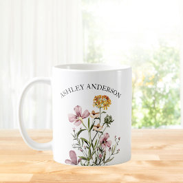 Personalisierter Name Lila Gelbe Wildblume Bouquet Kaffeetasse