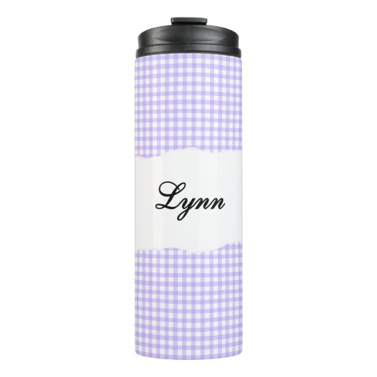 Personalisierter Name Lila Gingham-Muster Thermosbecher (Vorderseite)