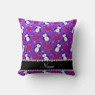 Personalisierter Name lila Glitzer Pinguine Herz Kissen