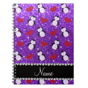 Personalisierter Name lila Glitzer Pinguine Herz Notizblock