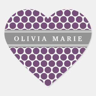 Personalisierter Name Lila Polka Dots Muster Herz-Aufkleber