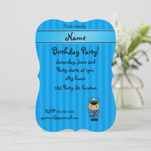 Personalisierter Name Mailman Blaustreifen Einladung (Stehend Vorderseite)