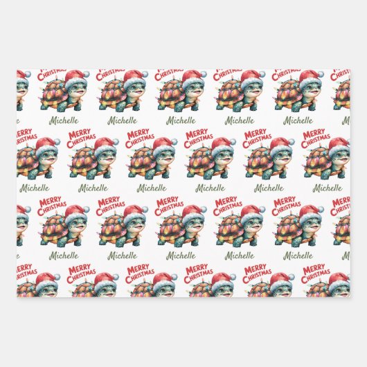Personalisierter Name Merry Christmas Turtle in Sa Geschenkpapier Set (Vorderseite)