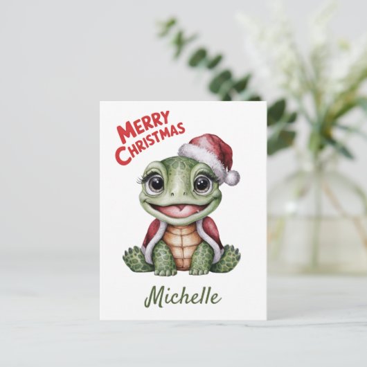 Personalisierter Name Merry Christmas Turtle in Sa Postkarte (Stehend Vorderseite)