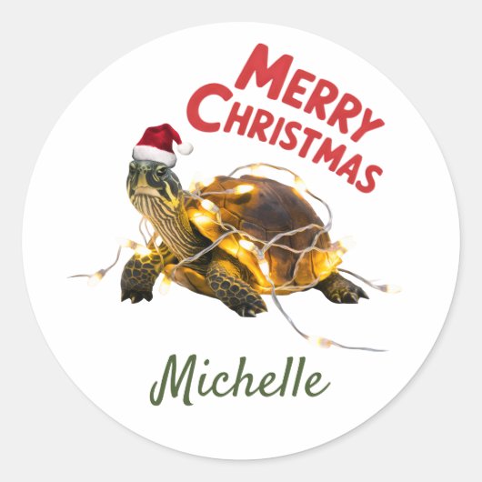 Personalisierter Name Merry Christmas Turtle in Sa Runder Aufkleber (Vorderseite)