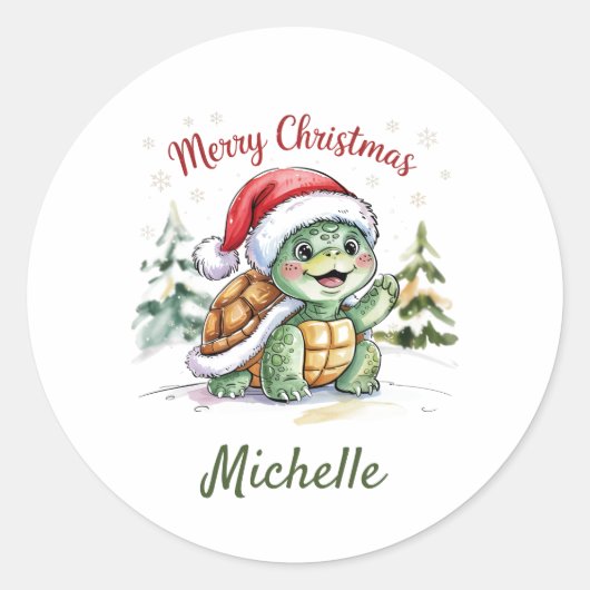 Personalisierter Name Merry Christmas Turtle in Sa Runder Aufkleber (Vorderseite)