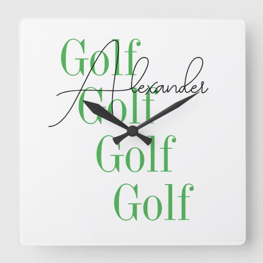 Personalisierter Name Minimal Golf Typografie Quadratische Wanduhr (Vorderseite)