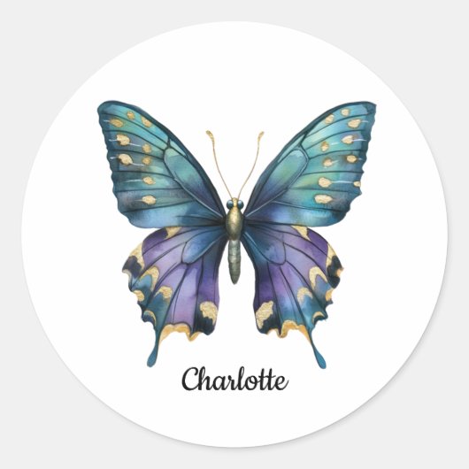 Personalisierter Name mit Blue Butterfly Classic R Runder Aufkleber (Vorderseite)