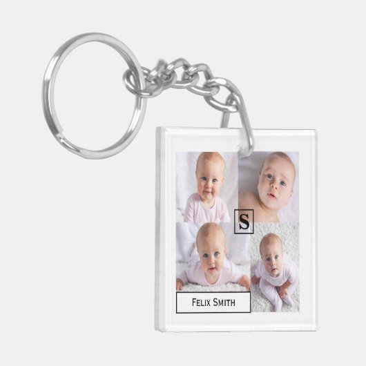 Personalisierter Name Mit Monogramm 4 FotoCollage Schlüsselanhänger (Vorderseite links)