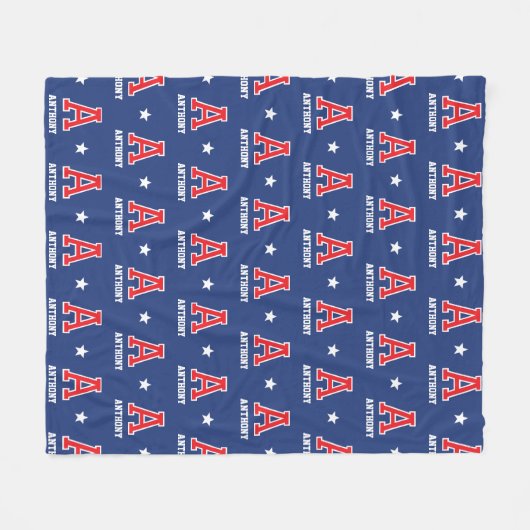 Personalisierter Name Mit Monogramm Star Red Navy Fleecedecke (Vorderseite (Horizontal))