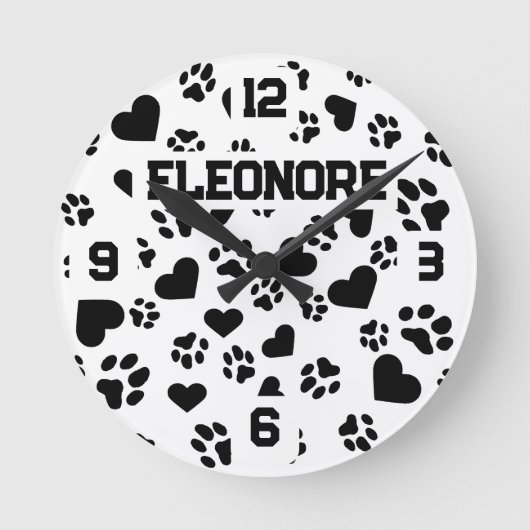 Personalisierter Name mit Paw Print Design Runde Wanduhr (Vorderseite)