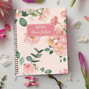 Personalisierter Name mit rosa Wasserfarbe-Blumen Notizblock