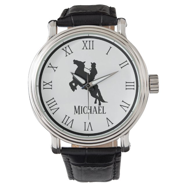 Personalisierter Name mit schwarzem Pferd Armbanduhr (Vorderseite)