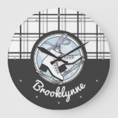 Personalisierter Name Modern Tartan Ice Skaten Große Wanduhr (Vorderseite)