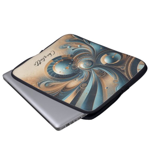 Personalisierter Name Modernes Fraktal Blue Gold C Laptopschutzhülle (Vorne Knopf)