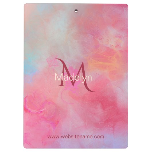 Personalisierter Name + Monogramm Rosa Wasserfarbe Klemmbrett (Rückseite)
