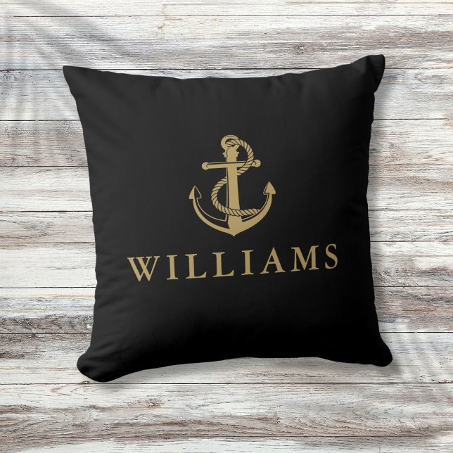 Personalisierter Name Nautic Anchor Black and Gold Kissen (Personalized Name Nautical Anchor Black And Gold Throw Pillow)