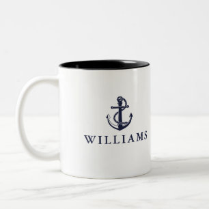 Personalisierter Name Nautical Boot Anker Marinebl Zweifarbige Tasse