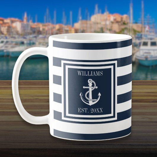 Personalisierter Name Navy Blue Stripe Nautical An Kaffeetasse
