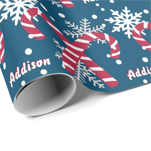 Personalisierter Name Navy Snowflake Candy Cane Ge Geschenkpapier (Rolleneckpunkt)
