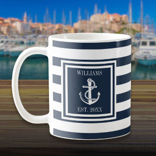 Personalisierter Name Navyblauer Streifen Nautilus Kaffeetasse