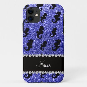 Personalisierter Name Neon Blue Glitzer Seepferde iPhone 11 Hülle