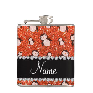 Personalisierter Name Neon Orange Glitzer Pinguine Flachmann