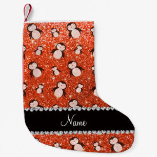 Personalisierter Name Neon Orange Glitzer Pinguine Kleiner Weihnachtsstrumpf
