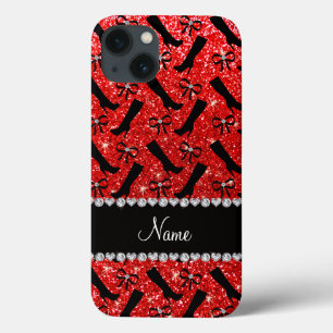 Personalisierter Name Neon Red Glitzer Stiefel Bow iPhone 13 Hülle
