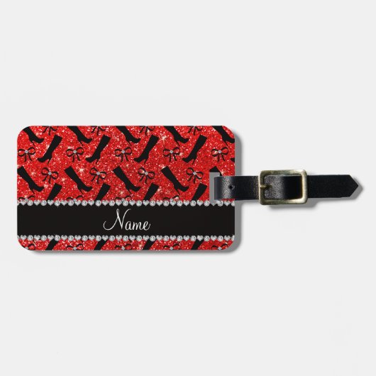 Personalisierter Name Neon Red Glitzer Stiefel Bow Gepäckanhänger (Vorderseite horizontal)