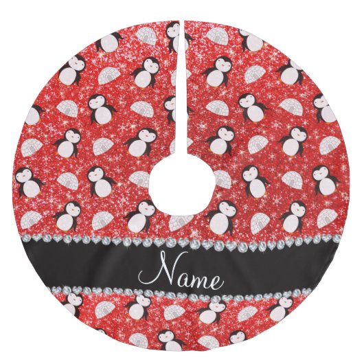Personalisierter Name Neonrot Glitzer Pinguine Igl Polyester Weihnachtsbaumdecke (Vorderseite)