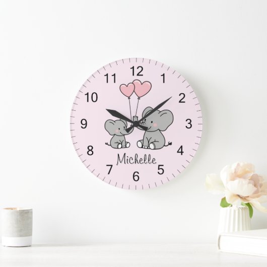 Personalisierter Name Niedlich Elephant Mama & Bab Große Wanduhr (Zuhause)