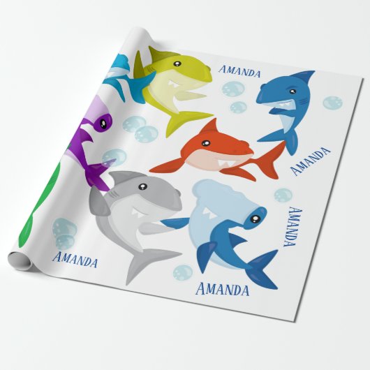 Personalisierter Name Niedlich kleine Haie Geschenkpapier (Ungerollt)