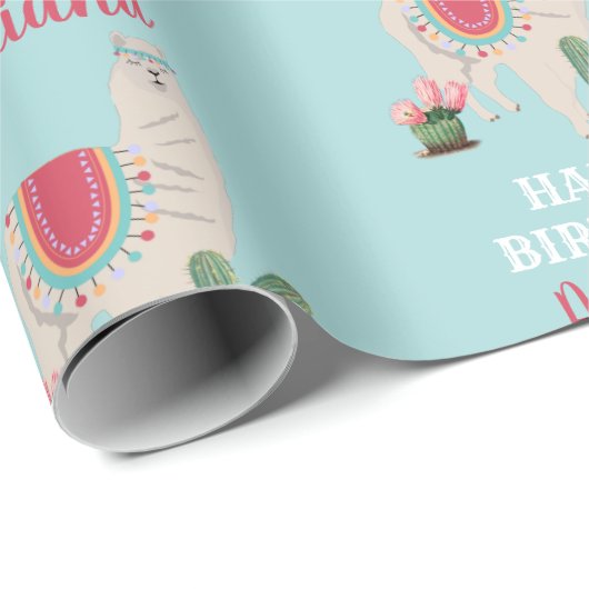 Personalisierter Name Niedlich Llama Cactus Birthd Geschenkpapier (Rolleneckpunkt)