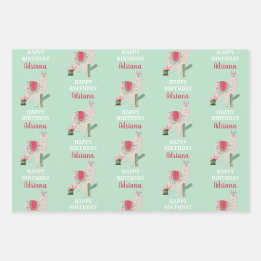 Personalisierter Name Niedlich Llama Cactus Birthd Geschenkpapier Set (Vorderseite 3)