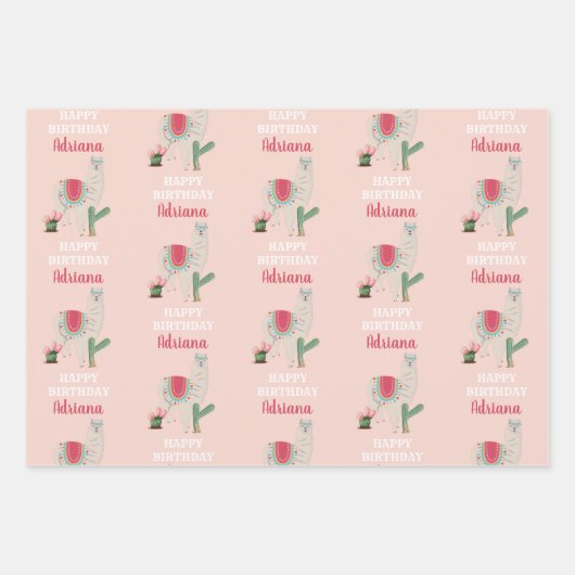 Personalisierter Name Niedlich Llama Cactus Birthd Geschenkpapier Set (Vorderseite 2)