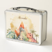 Personalisierter Name Niedlich Wasserfarbe Dinosau Metall Brotdose (Rückseite)