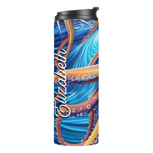 Personalisierter Name Octopus Blue Ocean Wave Thermosbecher (Nach links gedreht)