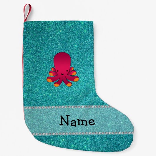 Personalisierter Name Oktopus Türkis Glitzer Kleiner Weihnachtsstrumpf (Vorderseite)