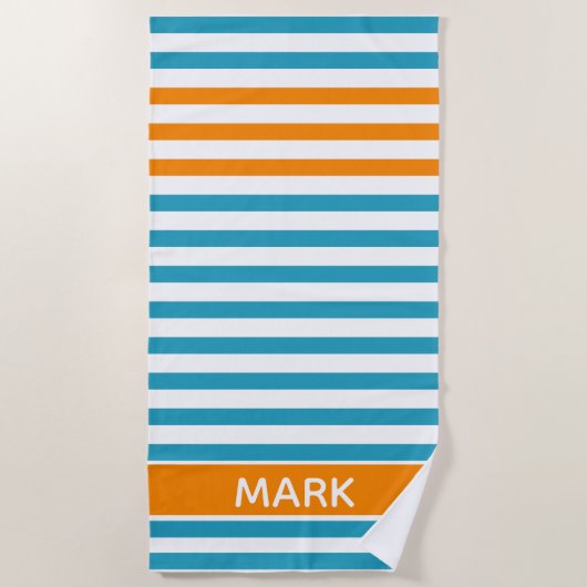 Personalisierter Name Orange Blue White Multi Stri Strandtuch (Vorderseite)