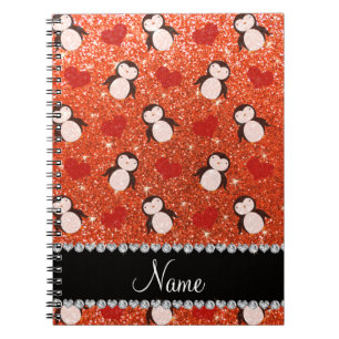 Personalisierter Name Orange Glitzer Pinguine Herz Notizblock