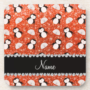 Personalisierter Name Orange Glitzer Pinguine Iglu Getränkeuntersetzer